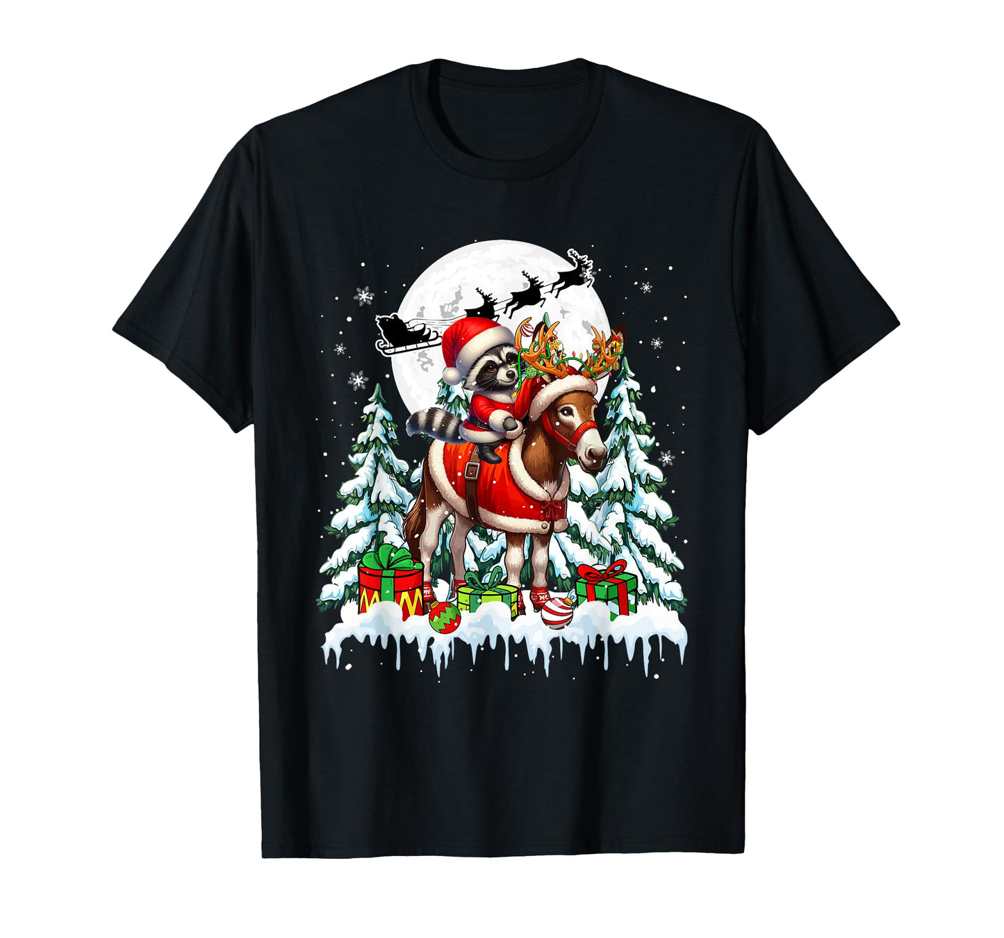 Santa Raccoon Riding Reindeer Donkey Christmas Trees Farmer T-Shirt