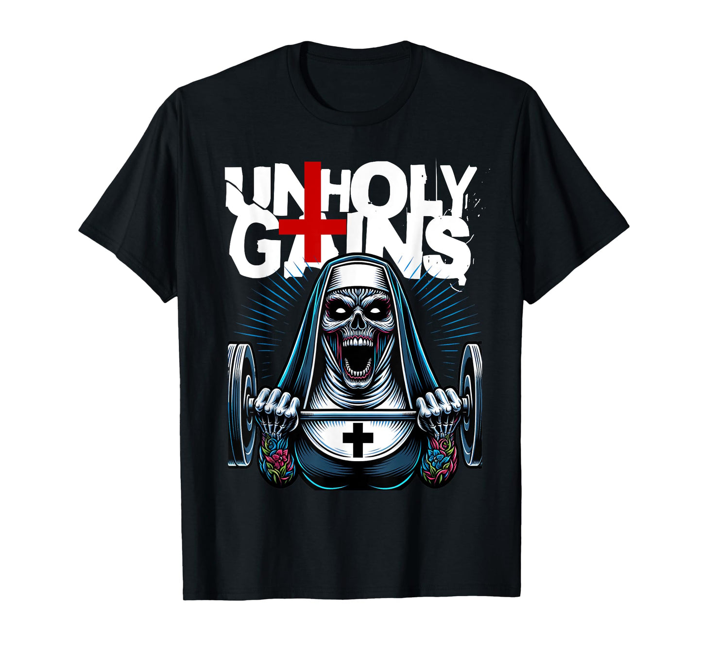 Unholy Gains Satanic Workout Devil Worship Nun Lifting T-Shirt