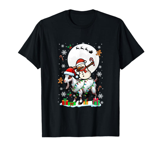 Dabbing Snowman On Goat Christmas Santa Colorful Lights T-Shirt