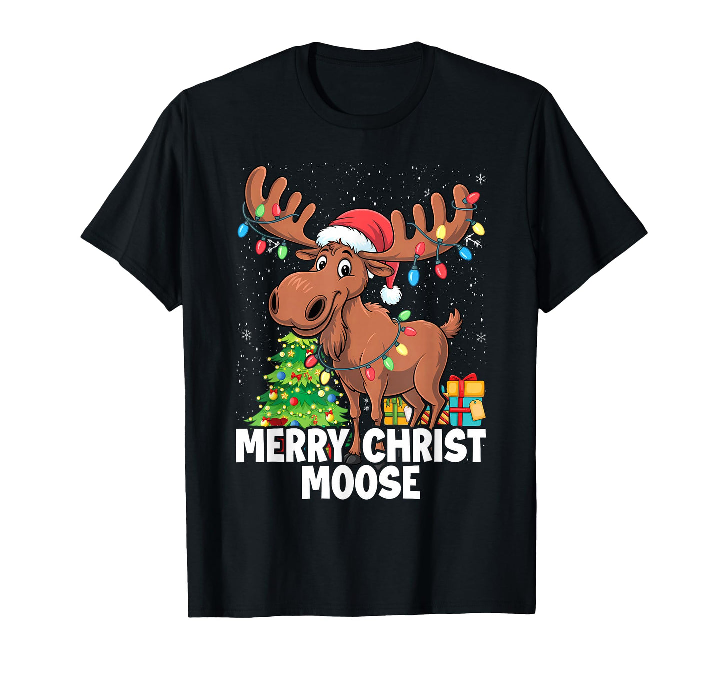 Christmoose Merry Christmas Xmas Lights Santa Moose T-Shirt