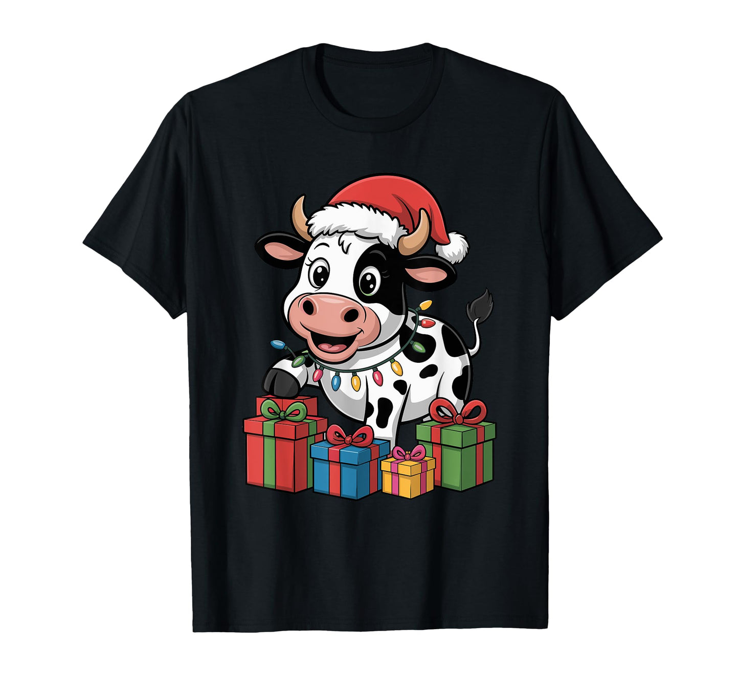 Funny Cow Santa Hat Animals Lovers Ugly Christmas Pajamas T-Shirt