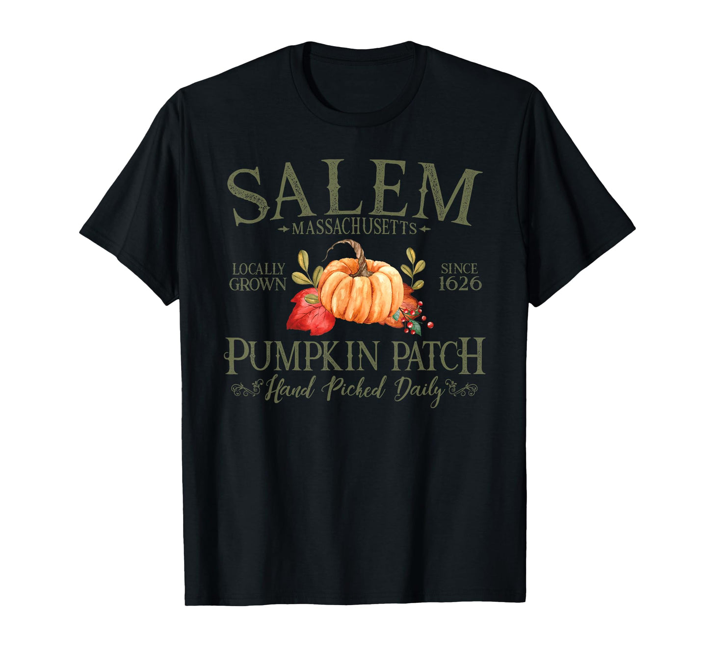 Salem Massachusetts Pumpkin Patch Fall Olive Letters T-Shirt