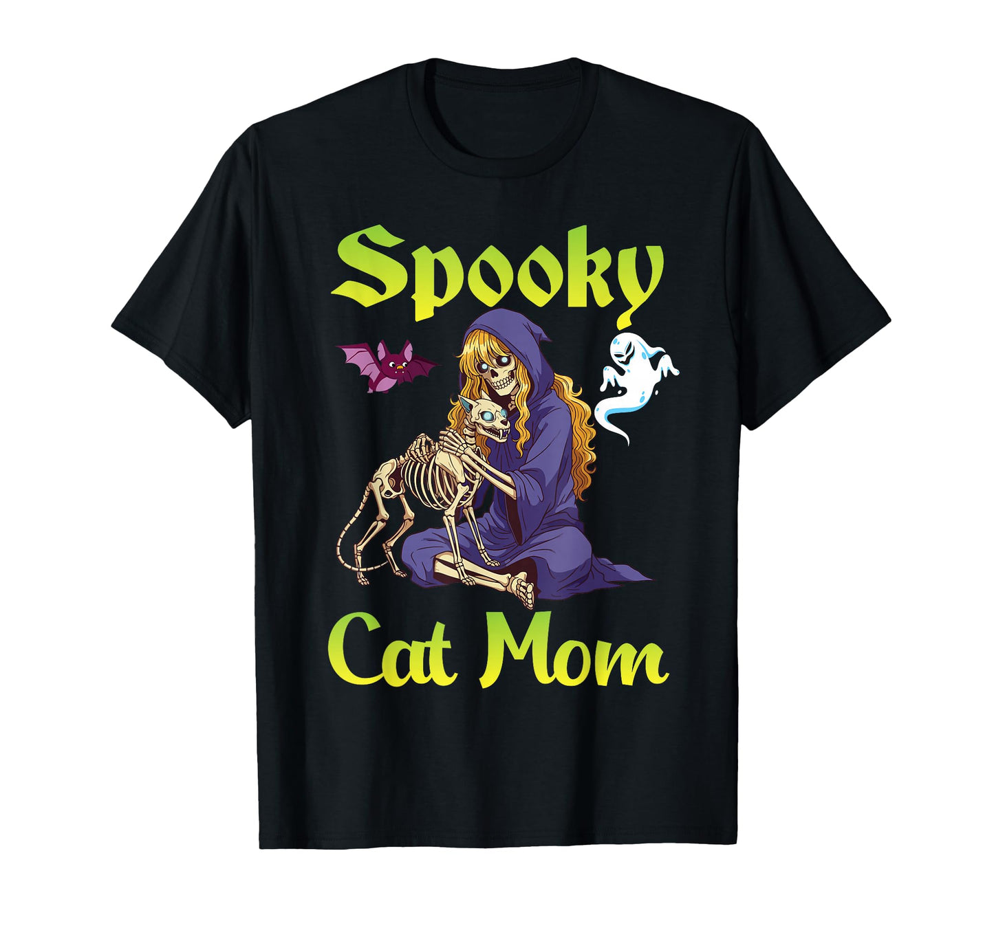 Spooky Cat Mom Halloween Skeleton Witch with Ghosts and Bat T-Shirt