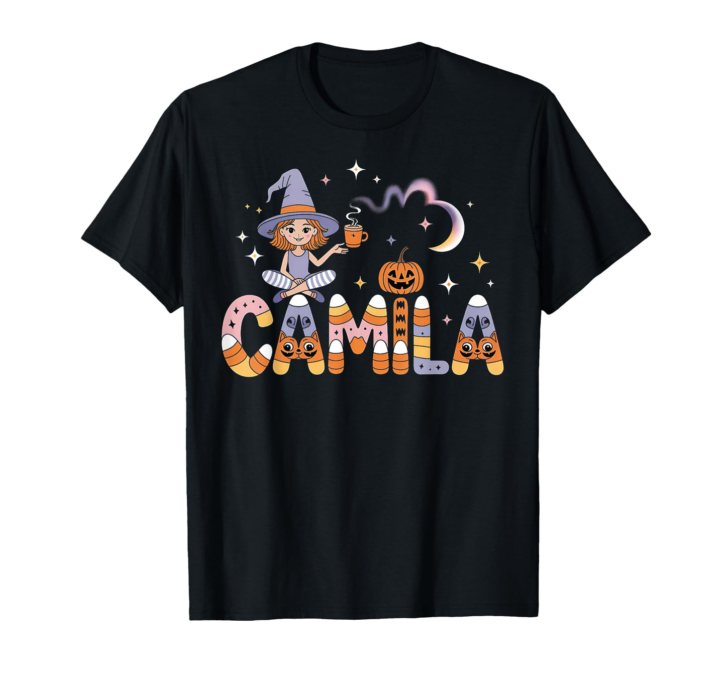 Camila Witch Candy Corn Cat Halloween Women and Girls T-Shirt