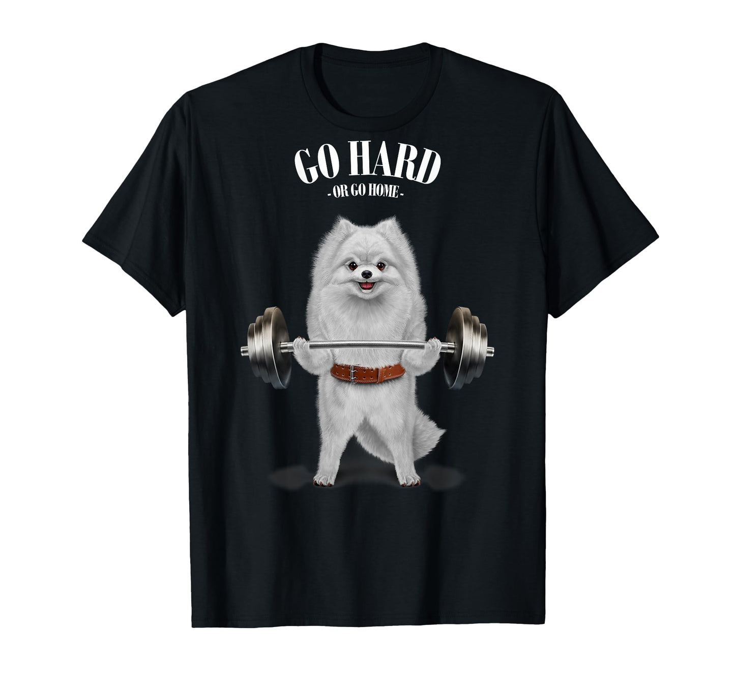 Fox Republic Design Unisex-Adults & Kids Black Cotton 100% Short Sleeve T-Shirt Small Classic Fit Crew Neck Modern Cartoon Dog T-Shirt White Pomeranian Dog Weightlifting in Fitness Gym T-Shirt