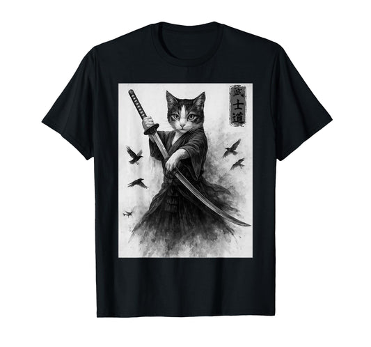 Samurai Cat Vintage Ukiyo-E Warrior Art Graphic Cute Cat Art T-Shirt for Men Women Kids