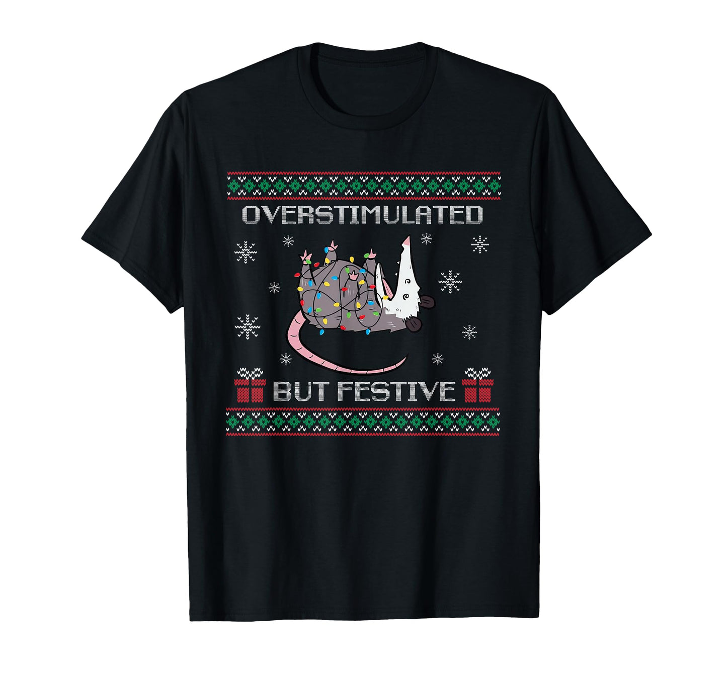 Overstimulated But Festive Opossum Christmas Tree Light Ugly T-Shirt
