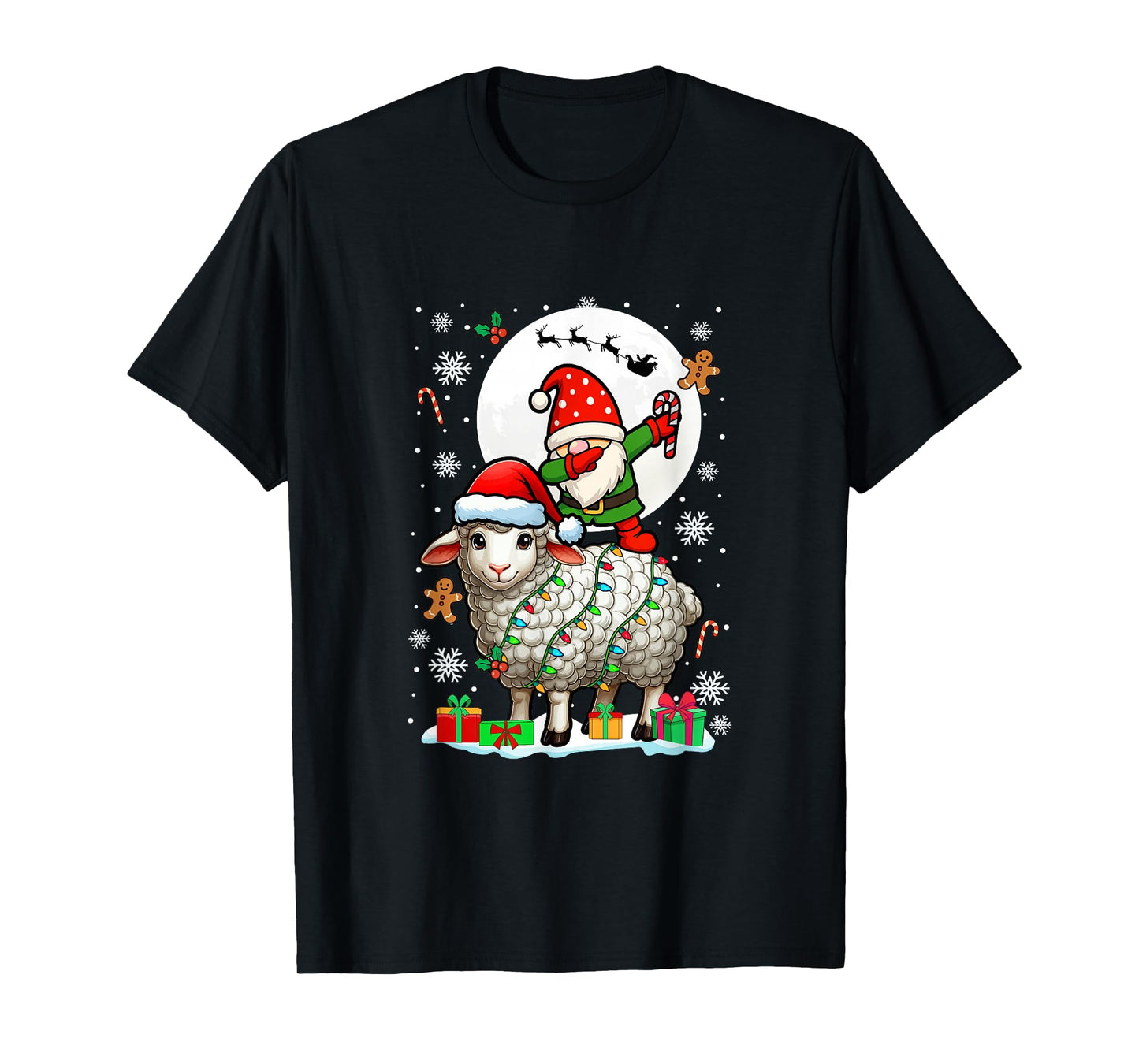 Dabbing Gnome On Sheep Christmas Santa Colorful Lights T-Shirt