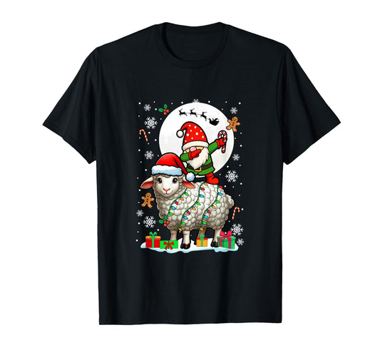 Dabbing Gnome On Sheep Christmas Santa Colorful Lights T-Shirt