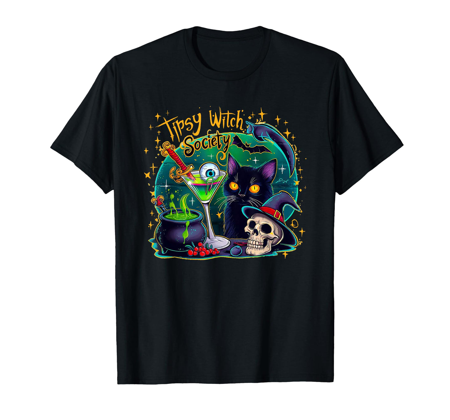 Tipsy Witch Society Halloween Black Cat Cocktail Drinking T-Shirt