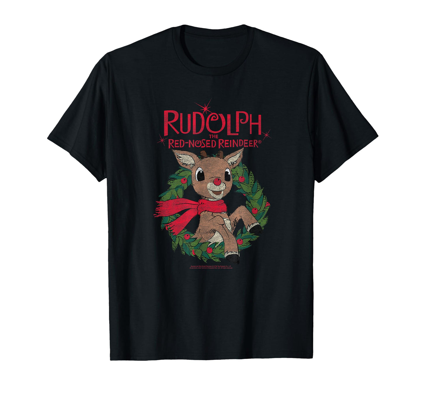 Rudolph Holiday Wreath Illustration Vintage Christmas T-Shirt