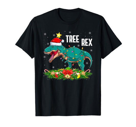 Dinosaur Tree Rex Christmas Lights Pajamas Men Boys Xmas T-Shirt