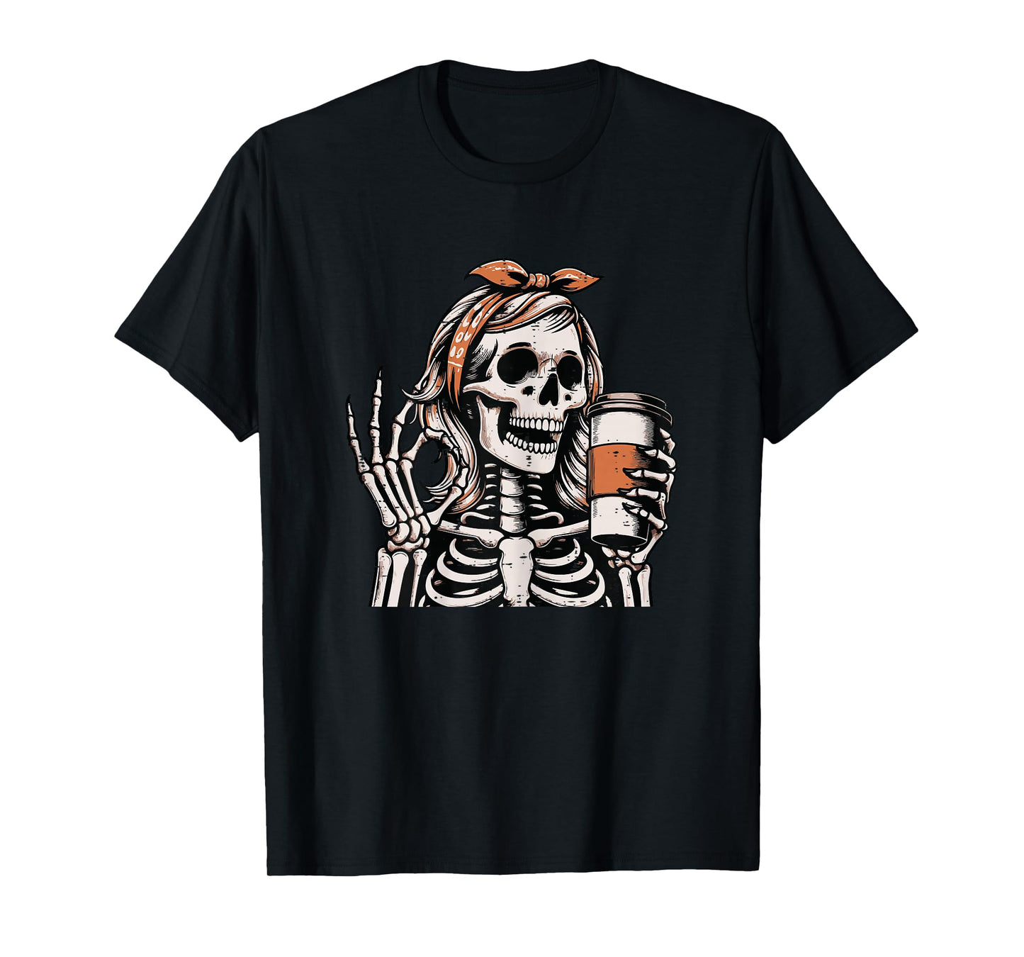 Halloween Skeleton Woman Ok Hand Coffee Costume Women Girls T-Shirt