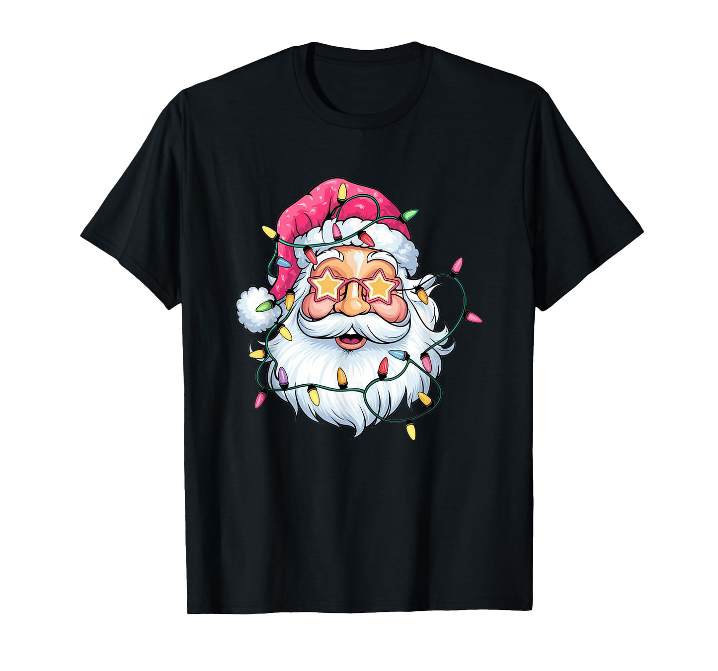 Santa with Star Glasses and Christmas Lights T-Shirt