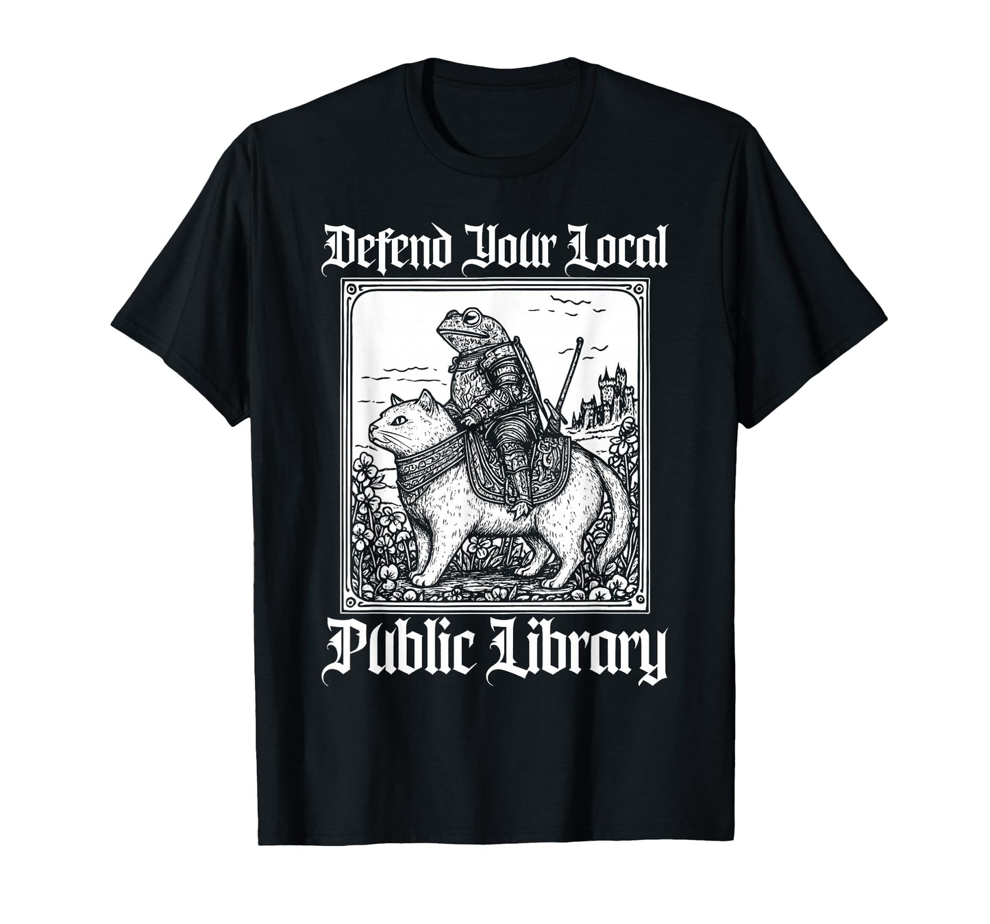 Defend Your Local Public Library Funny Knight Riding Cat T-Shirt