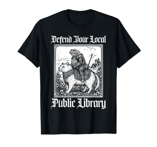 Defend Your Local Public Library Funny Knight Riding Cat T-Shirt