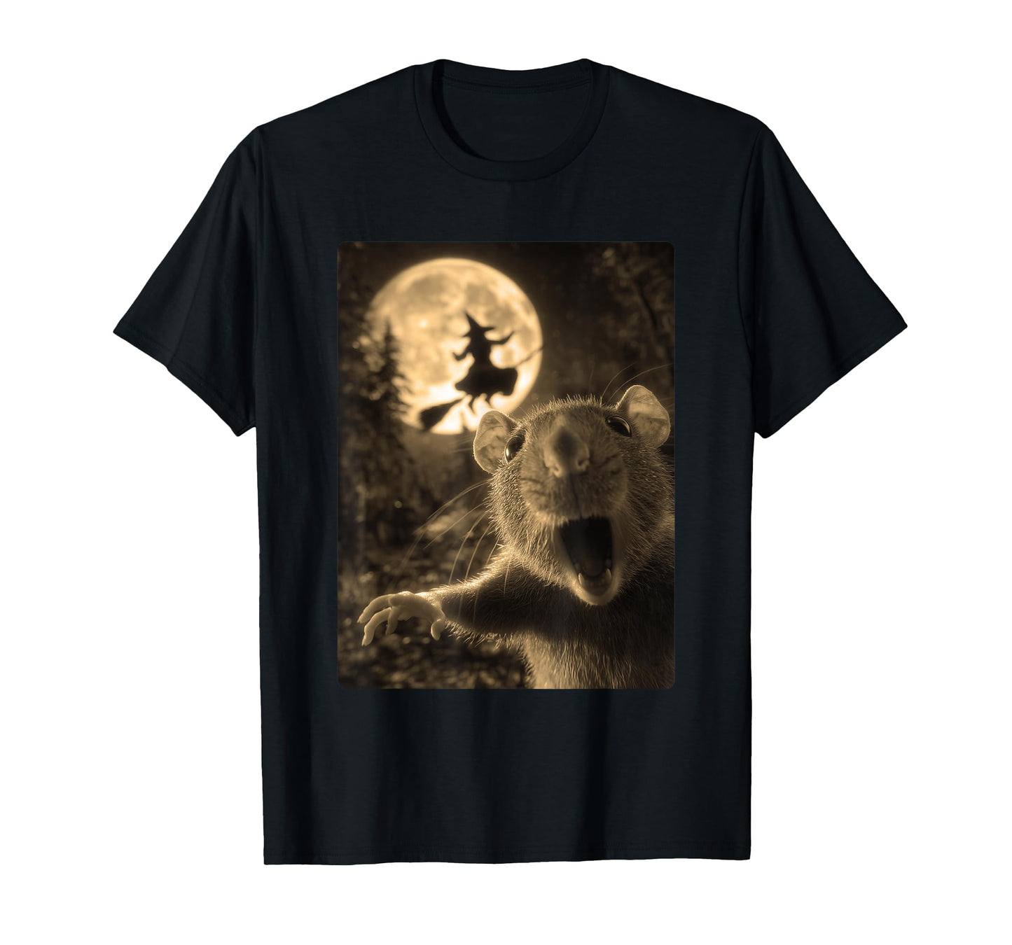 Funny Rat Selfie Full Moon Flying Witch Forest Halloween T-Shirt