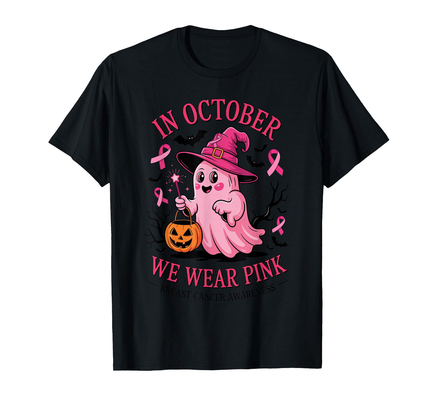 Ghost Witch in October We Wear Pink Breast Cancer Awareness T-Shirt
