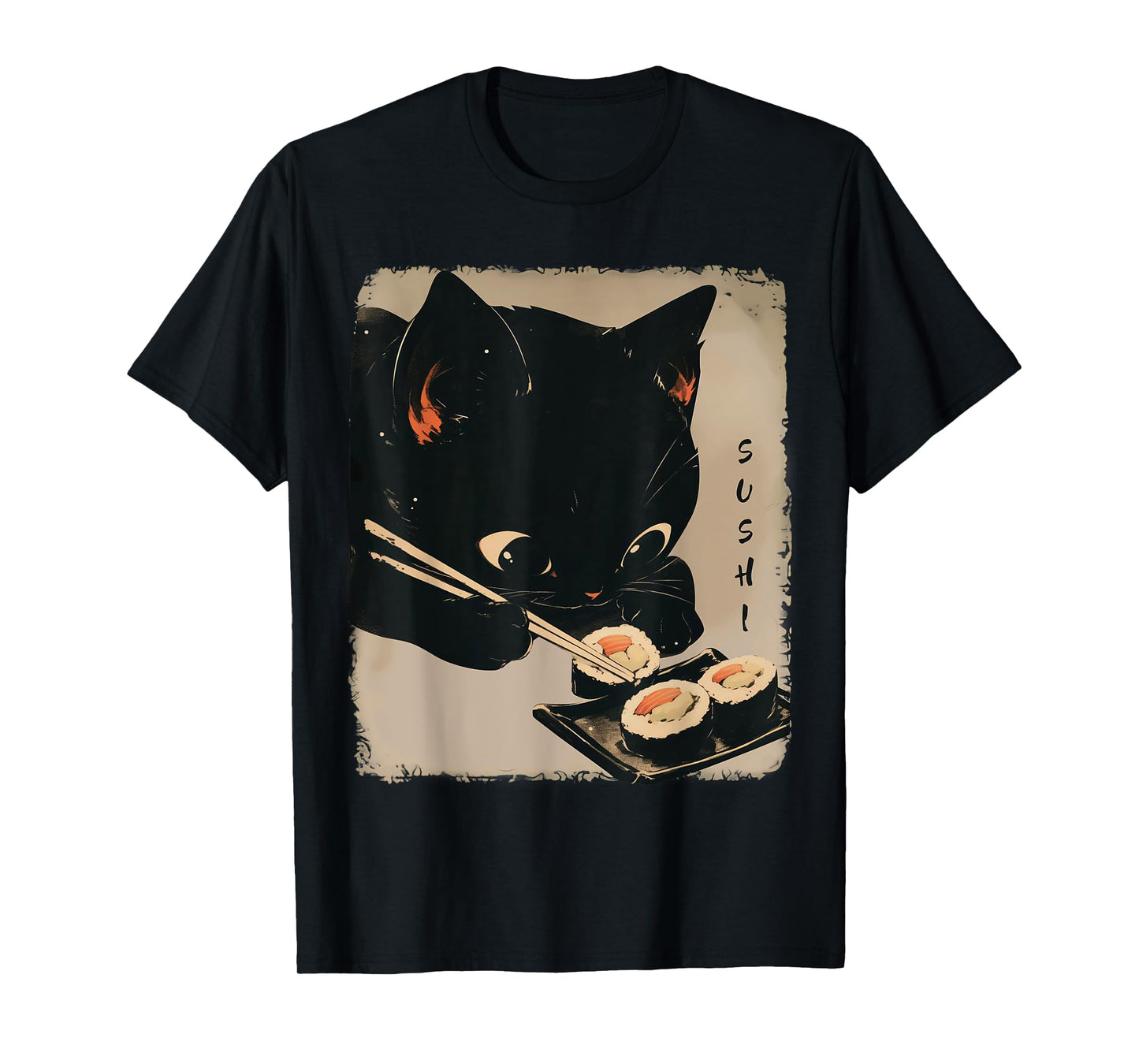 Kawaii Cat Eating Sushi Funny Japanese Anime Cute Cat Girls T-Shirt