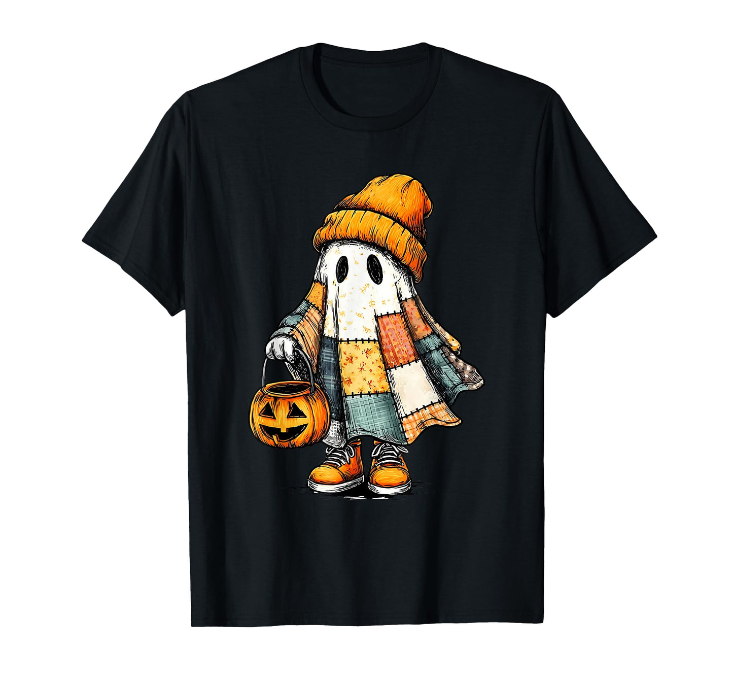 Retro Halloween Ghost Patchwork Spooky Ghost Fall Aesthetic T-Shirt
