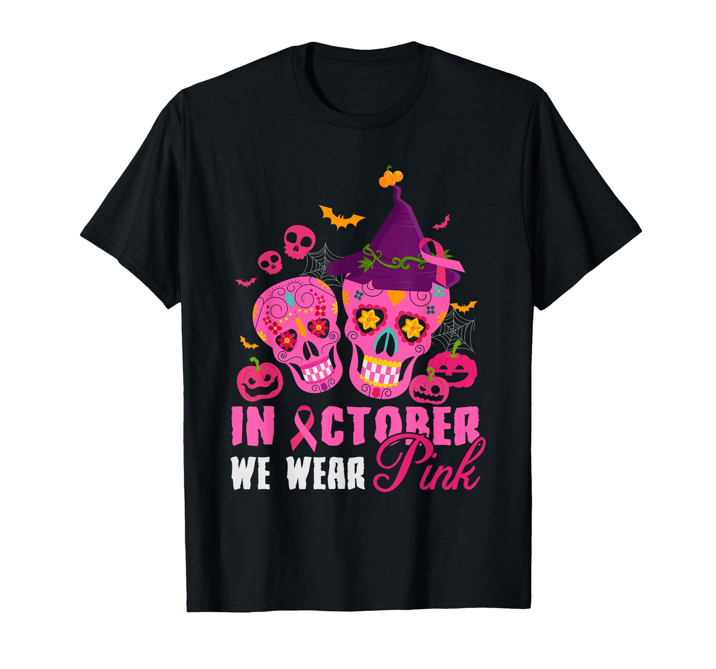 Halloween Breast Cancer in October We Wear Pink Skull Witch T-Shirt