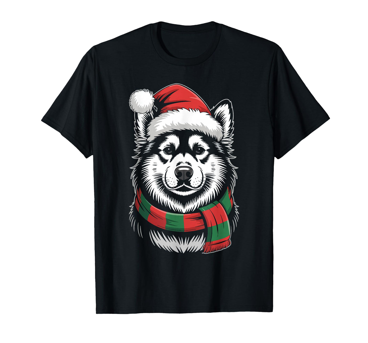 Alaskan Malamute Dog Xmas Santa Hat Scarf Christmas Costume T-Shirt