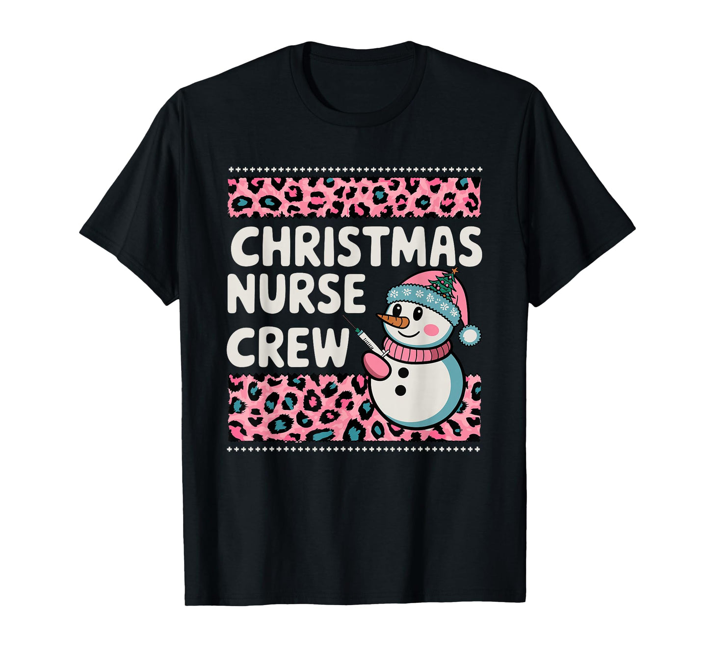 Nurse Christmas Crew Snowman Pink Leopard Print T-Shirt