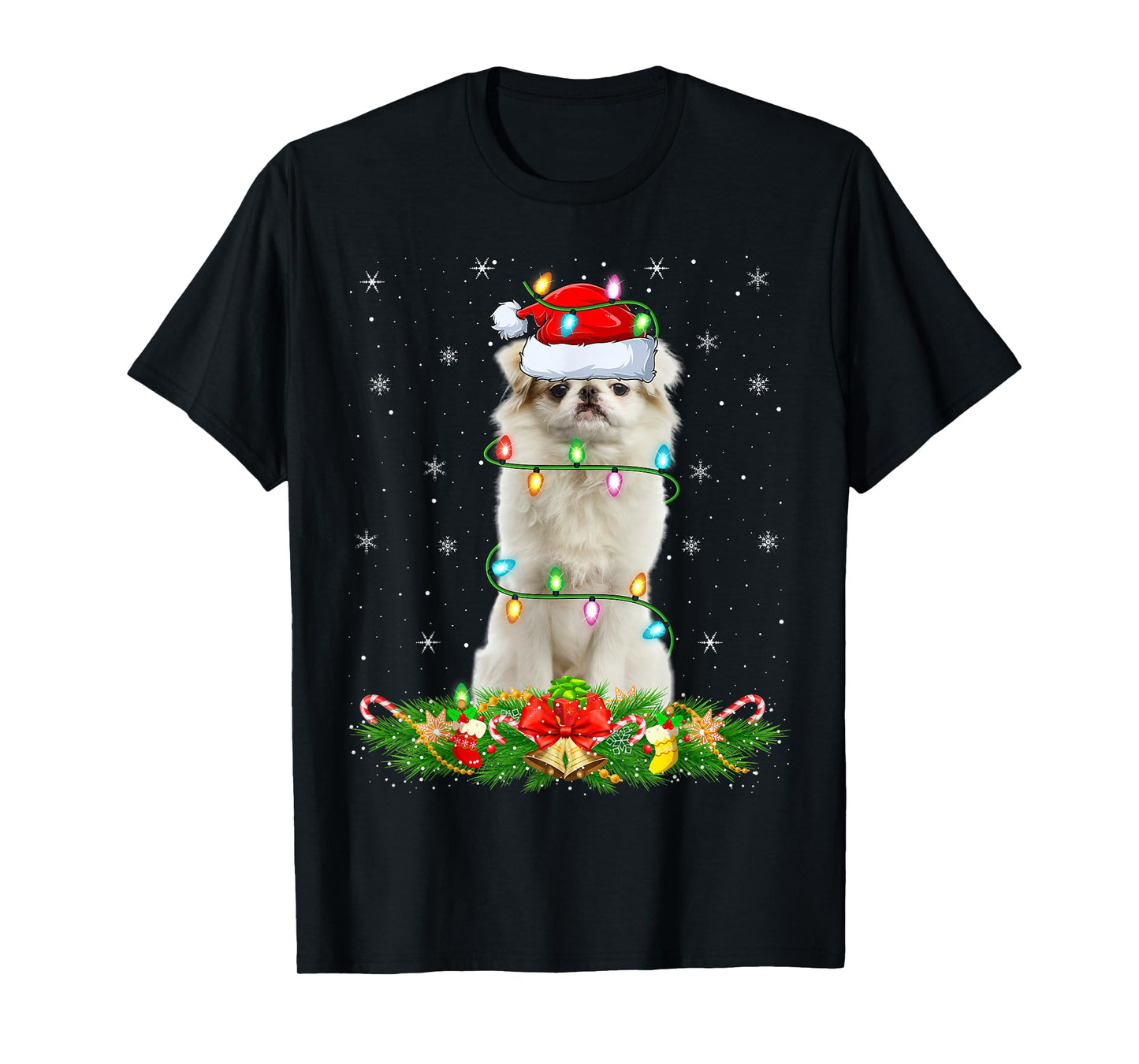 Japanese Chin Dog Christmas Lights Funny Santa Hat Xmas T-Shirt