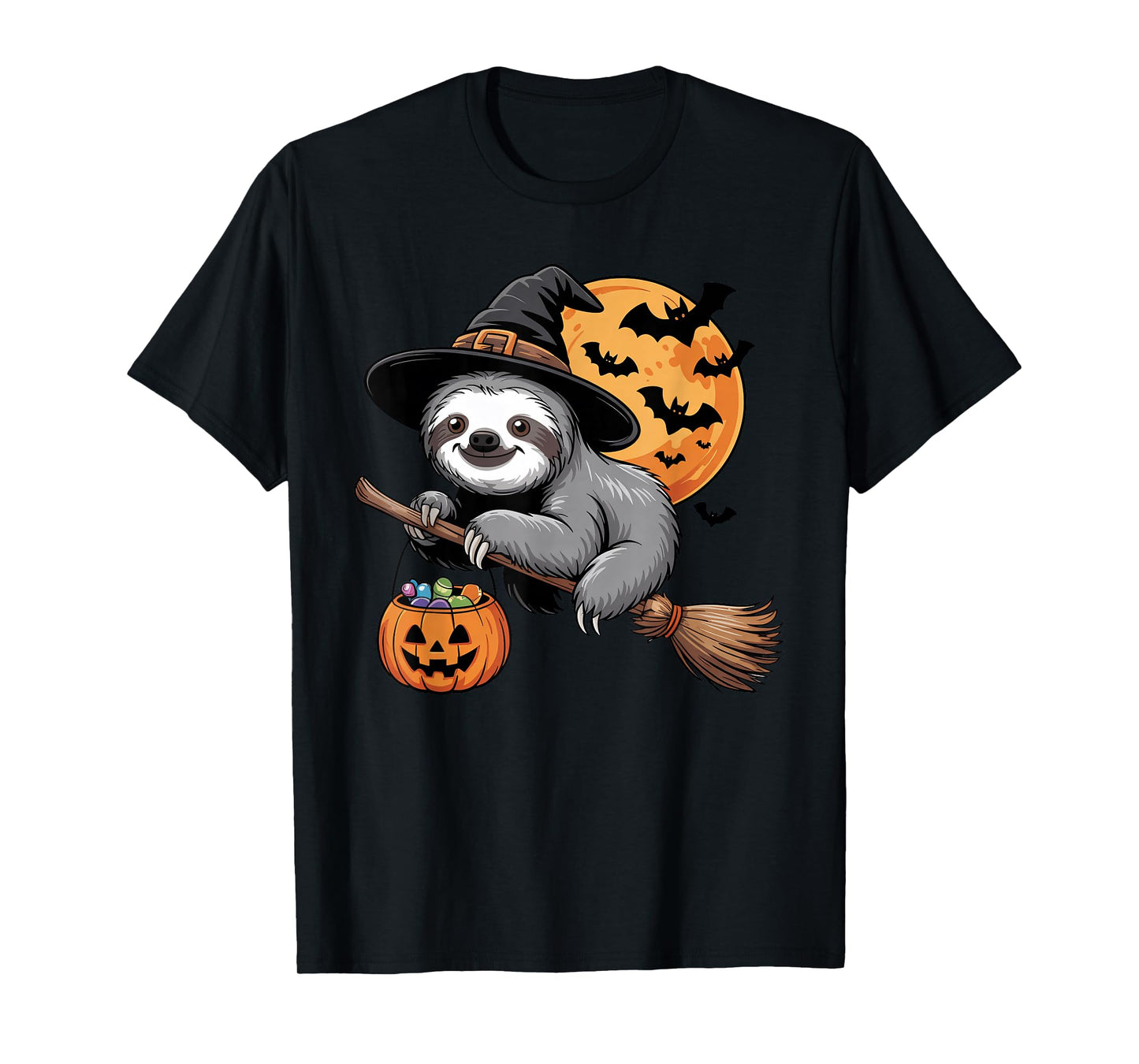 Trick or Treat Sloth Witch Halloween Pumpkin Candy Bucket T-Shirt