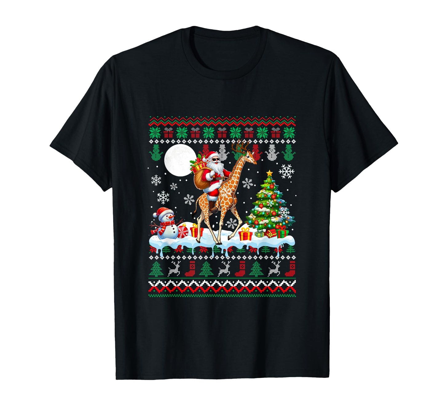 Santa Sunglasses Riding Giraffe Christmas Sweater Snowman T-Shirt