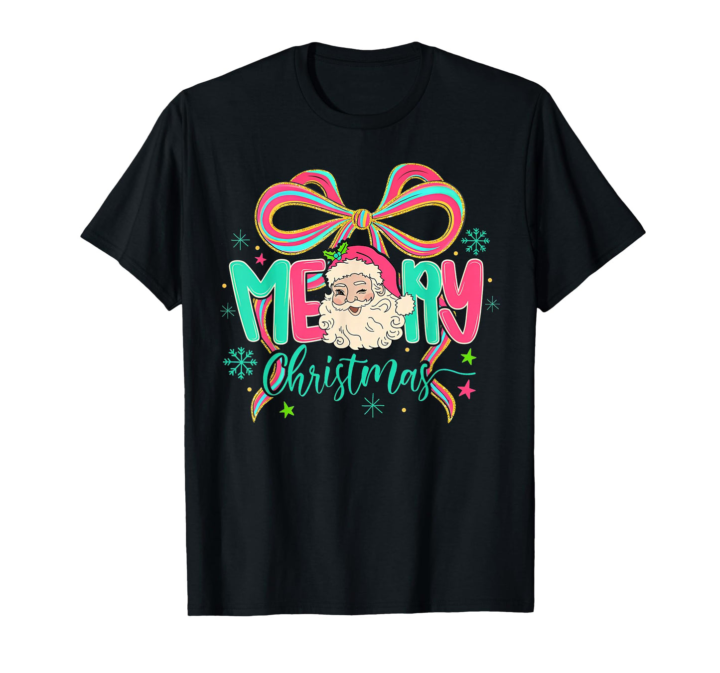 Coquette Bow Santa Preppy Christmas Bow Merry Christmas T-Shirt