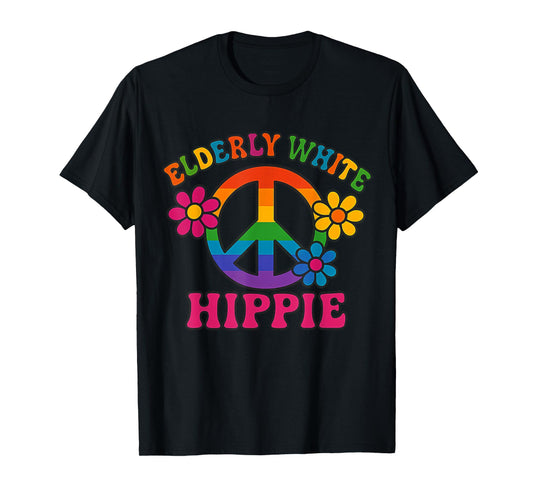 Elderly White Hippie Retro Rainbow Peace Sign Flowers Trendy T-Shirt