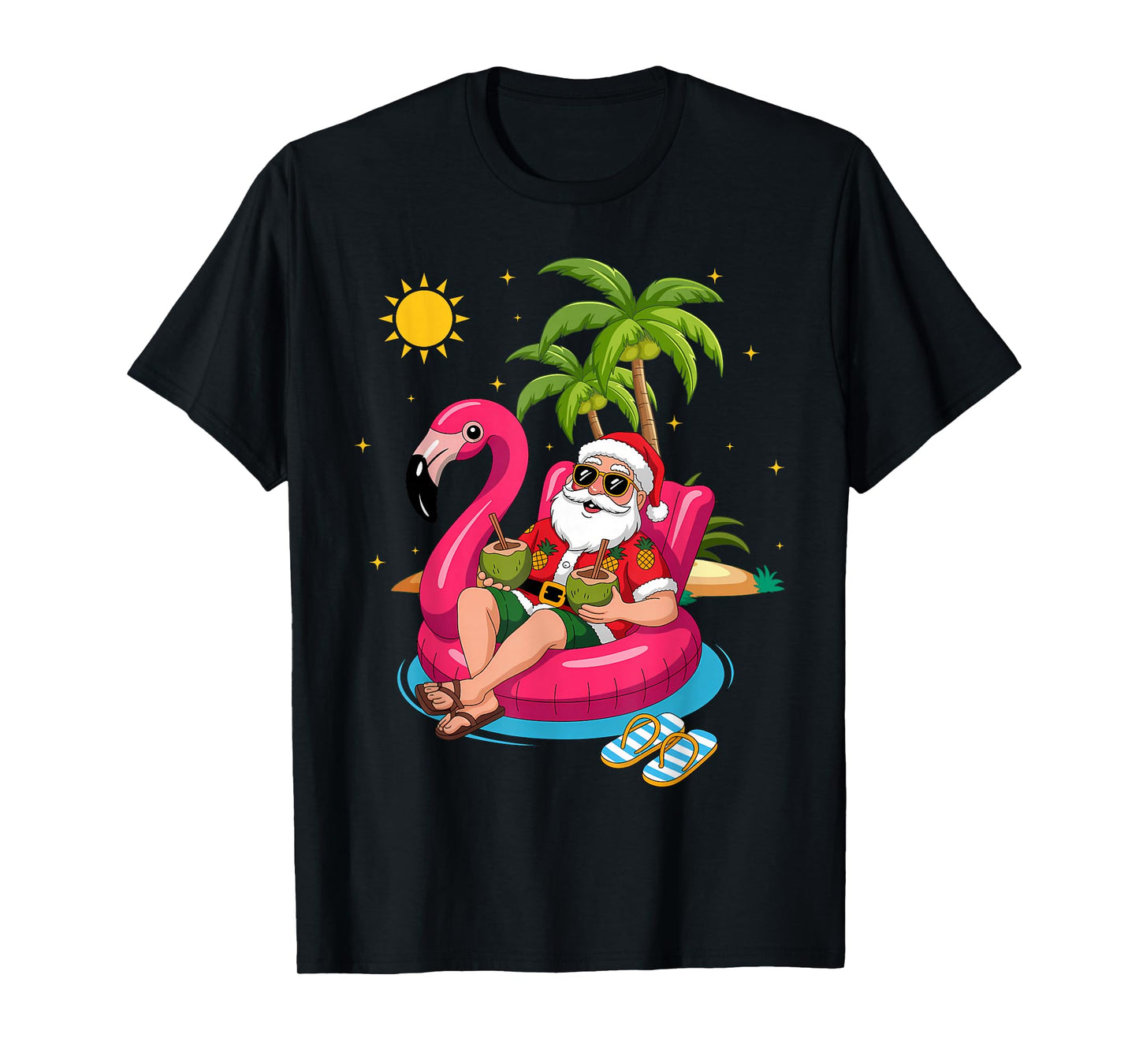 Summer Santa Flamingo Floater Funny Christmas in July T-Shirt
