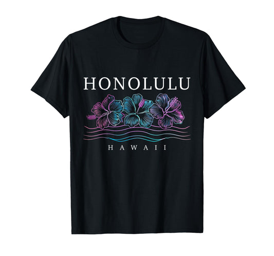 Honolulu Hawaii Hawaiian Hibiscus Flowers Surfer Souvenir T-Shirt