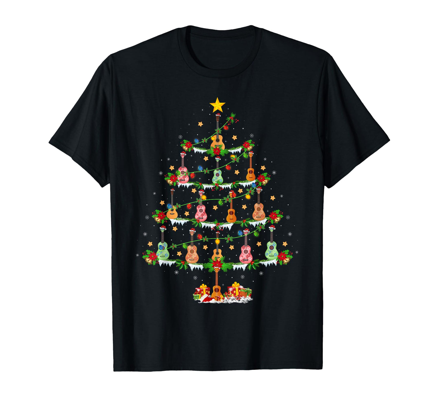 Ukulele Guitar Christmas Tree Lights Musical Instrument Xmas T-Shirt
