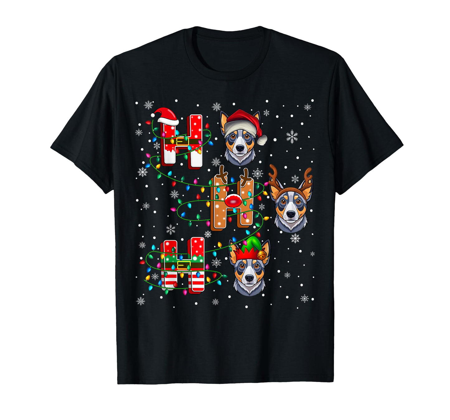 Ho Ho Santa Reindeer Hat Elf Matching Blue Heeler Dog Xmas T-Shirt