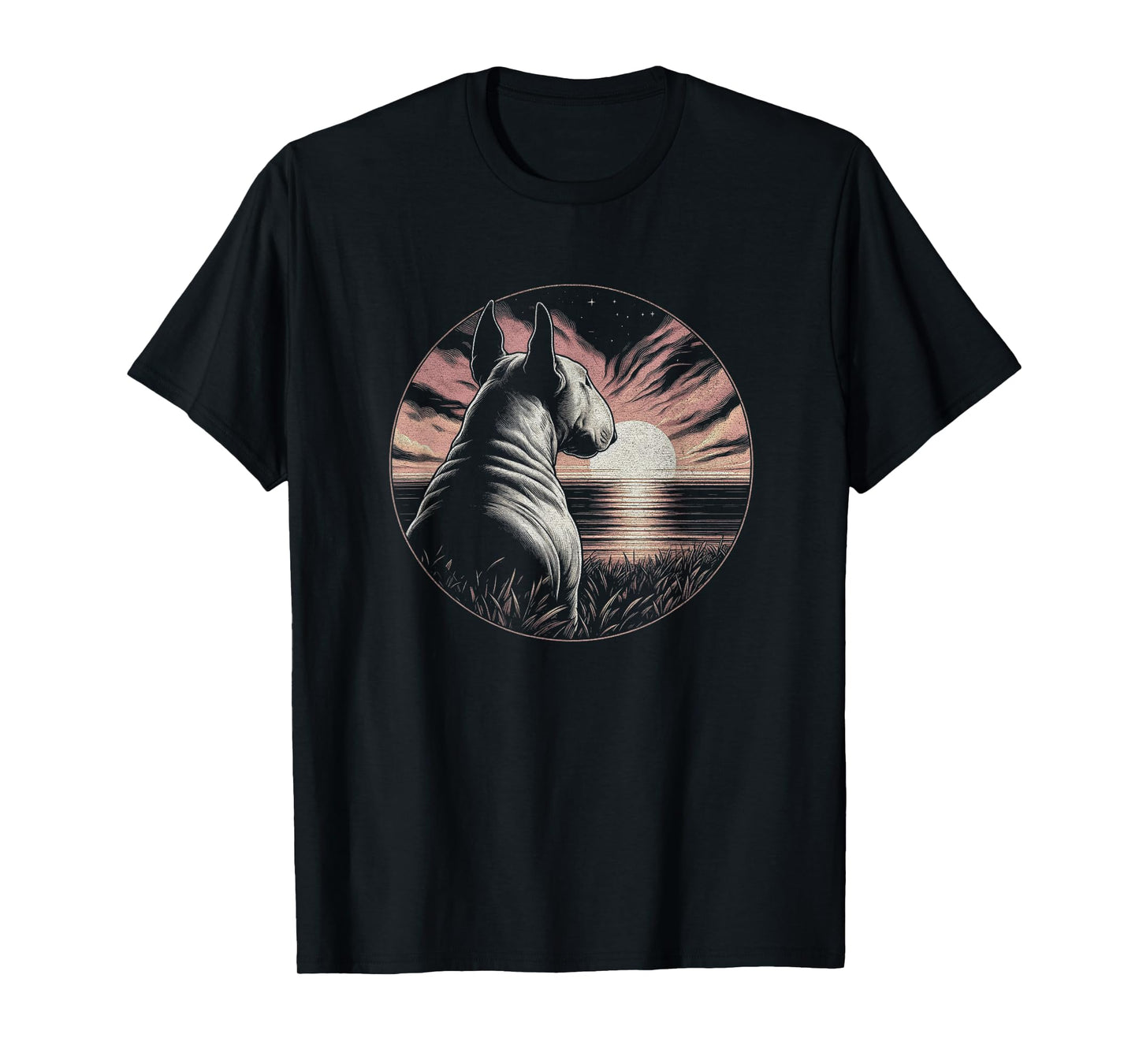 Vintage Bull Terrier Dog Retro Sunset Scene Art Design T-Shirt