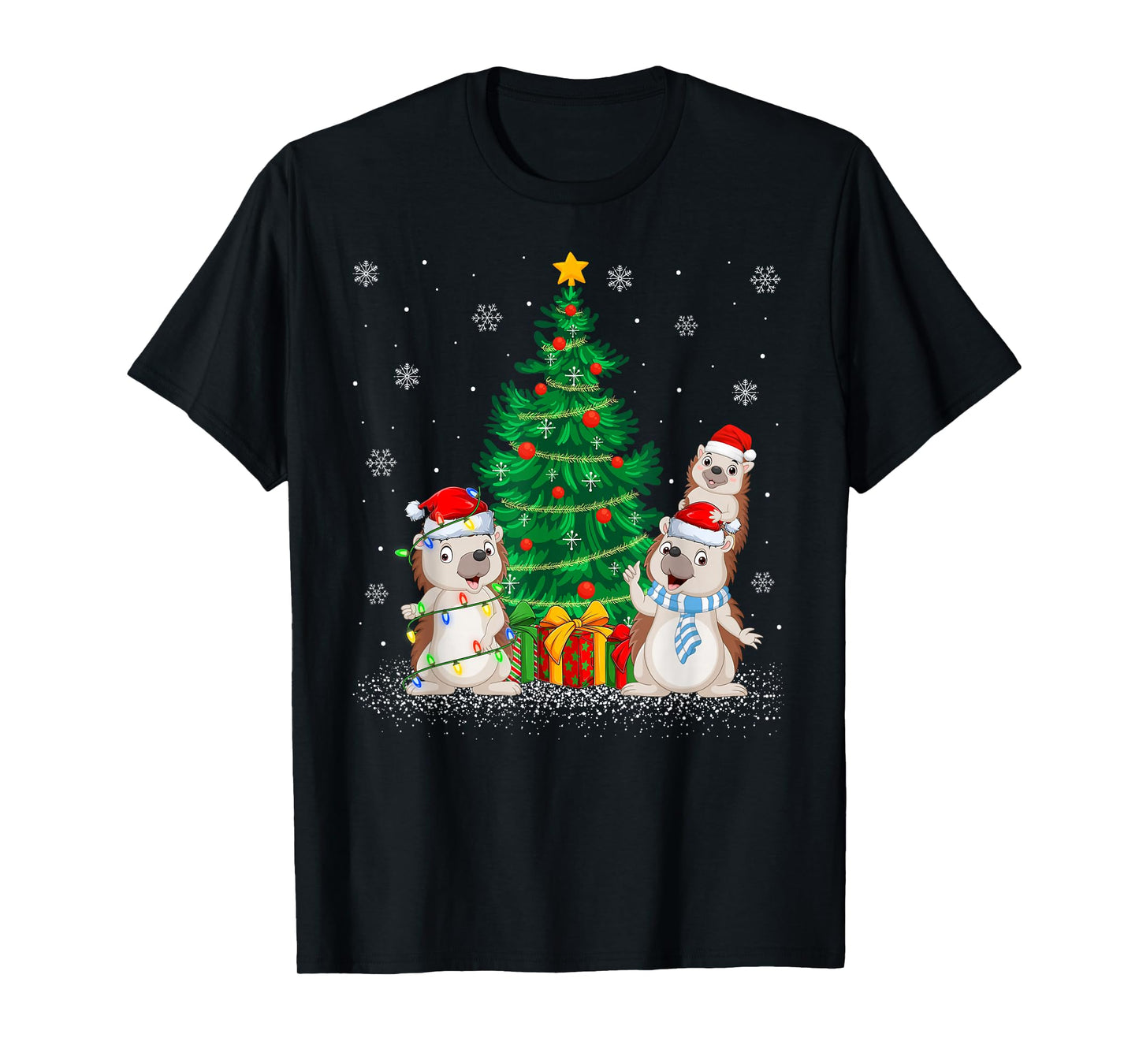 Cute Hedgehog Christmas Tree Lights Funny Hedgehog Xmas T-Shirt