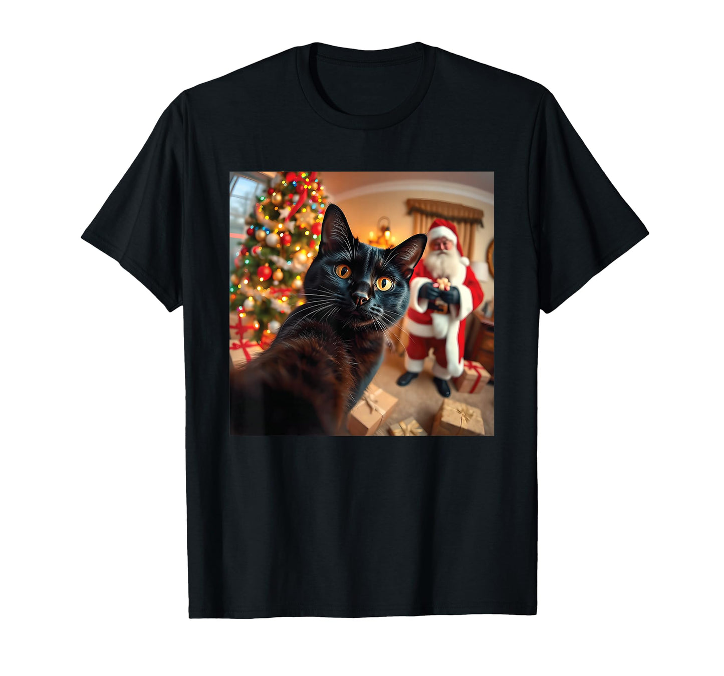 Funny Christmas Santa with Cat Selfie for Men Women T-Shirt