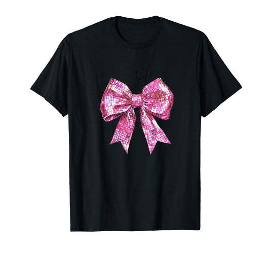 Taylor Lover First Name Teen Girls Women Pink Disco Ball Bow T-Shirt