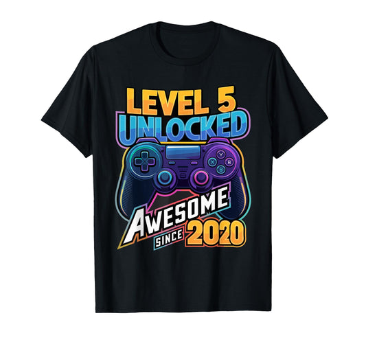 Level 5 Unlocked Awesome Since 2020 5th Birthday Gaming T-Shirt