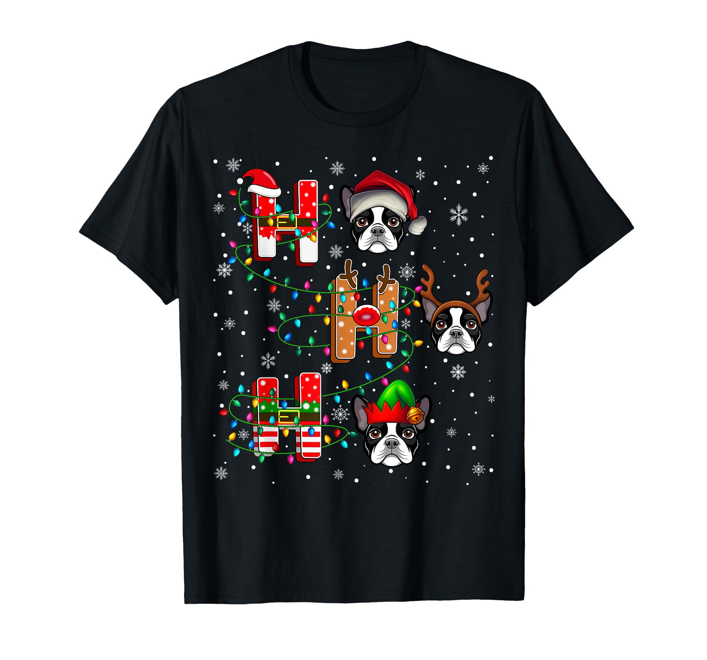 Ho Ho Ho Santa Reindeer Elf Matching Boston Terrier Dog Xmas T-Shirt