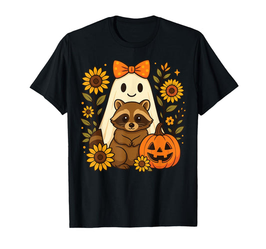 Vintage Halloween Ghost Holding Raccoon Groovy Floral Fall T-Shirt