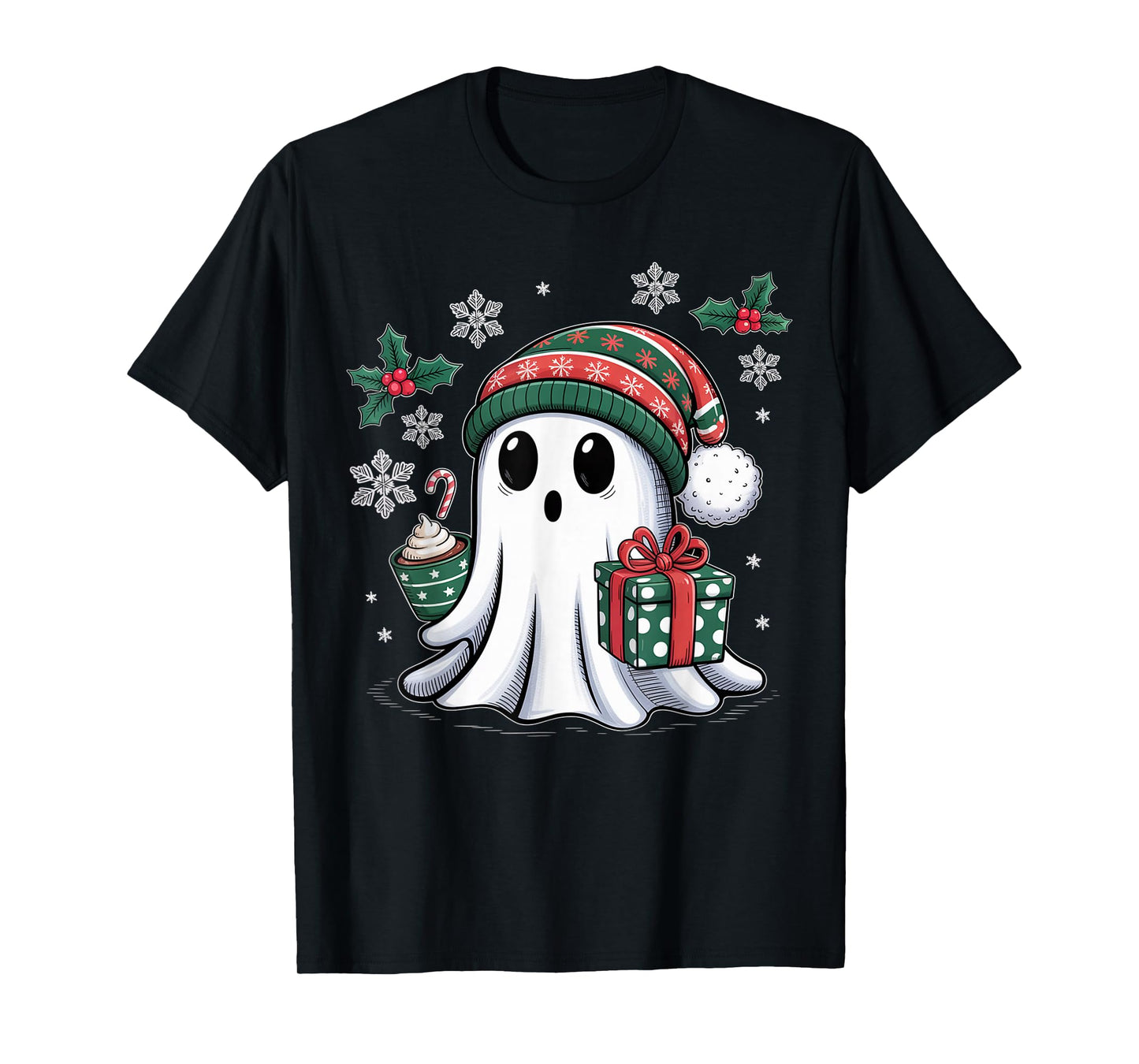 Cute Christmas Ghost Spirit with Santa Hat Coffee and Gift T-Shirt