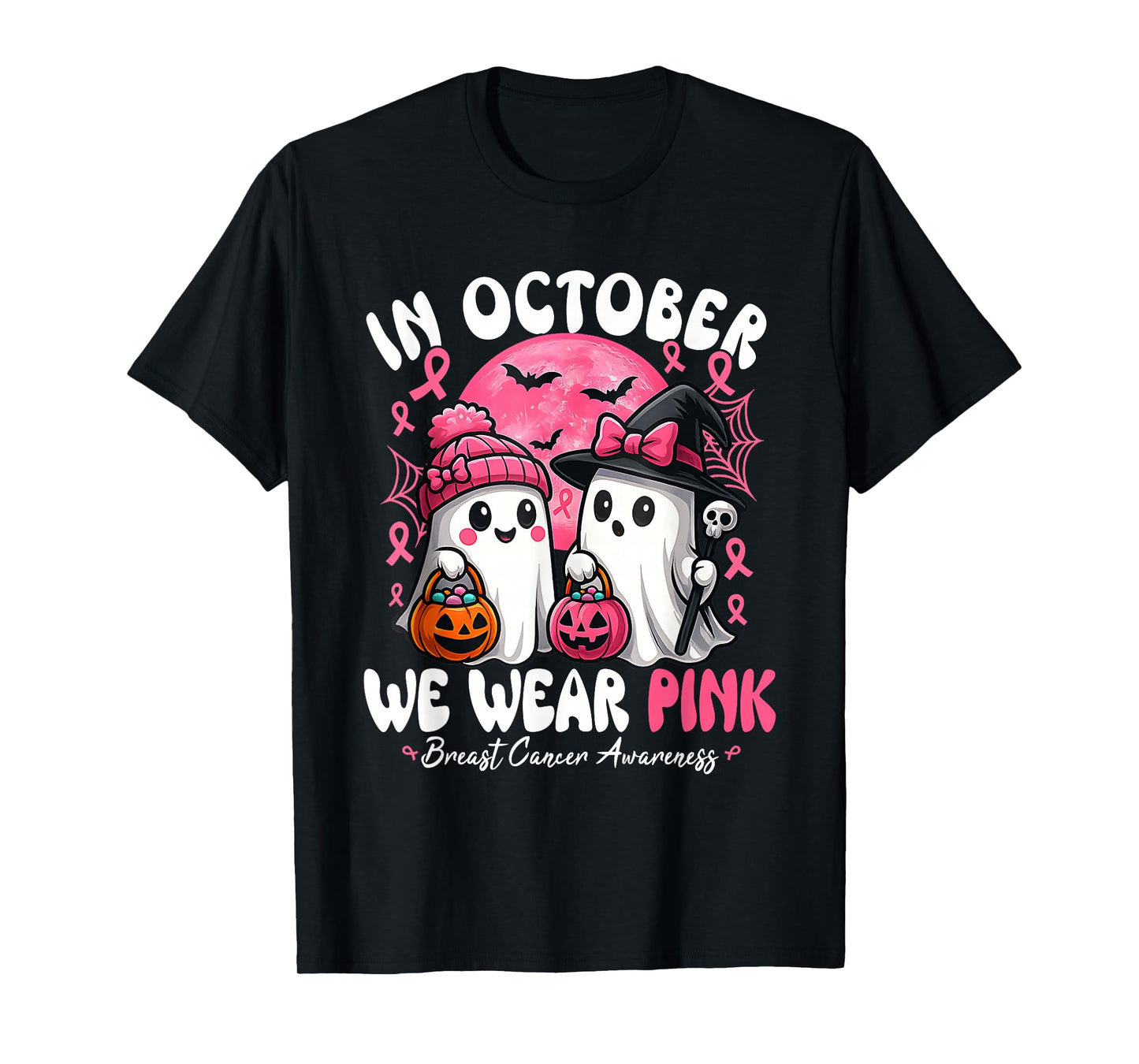 in October We Wear Pink Ghost Witch Breast Cancer Awareness T-Shirt