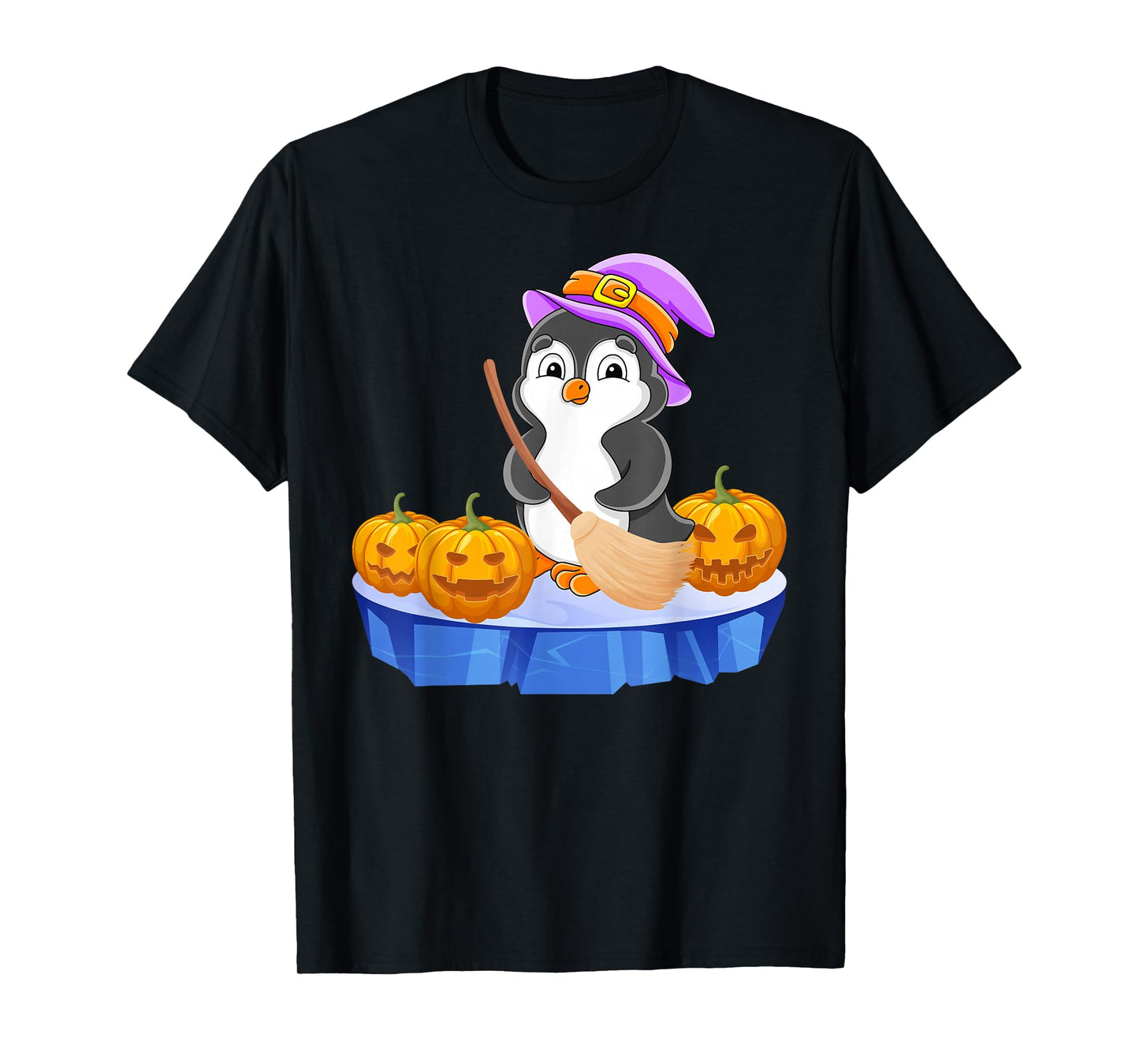 Funny Penguin in Witch Costume Pumpkins Happy Halloween Day T-Shirt