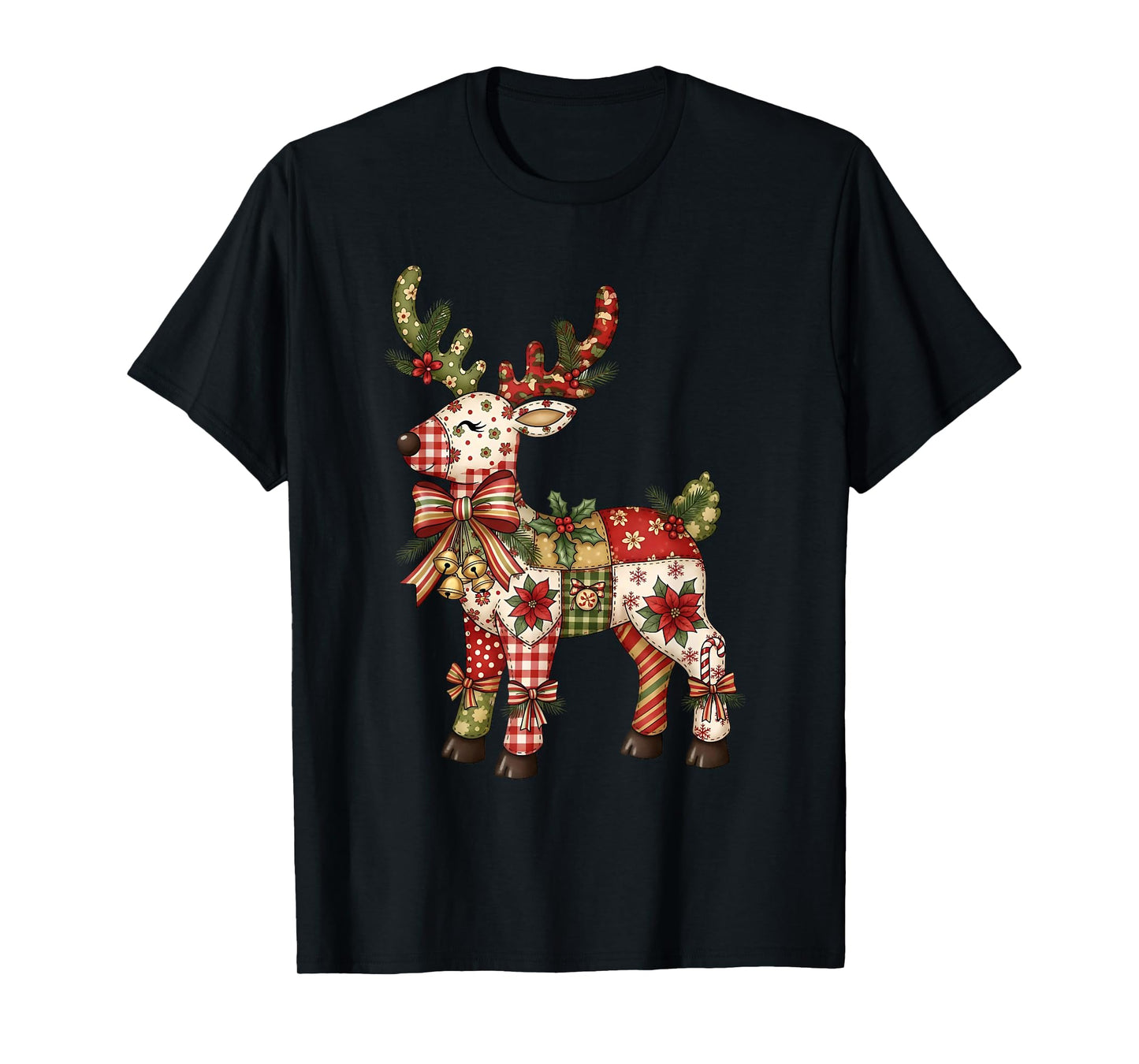 Reindeer Patchwork Coquette Bow Christmas Pajamas Holiday T-Shirt