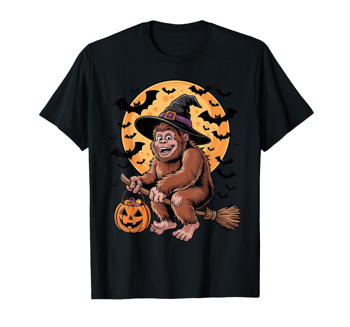 Halloween Bigfoot Witch Hat and Broom Pumpkin Candy Bucket T-Shirt