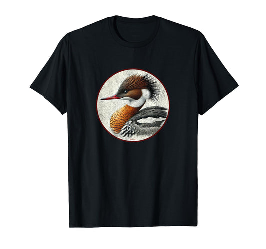 Colorful Retro Red-Breasted Merganser Bird Design T-Shirt