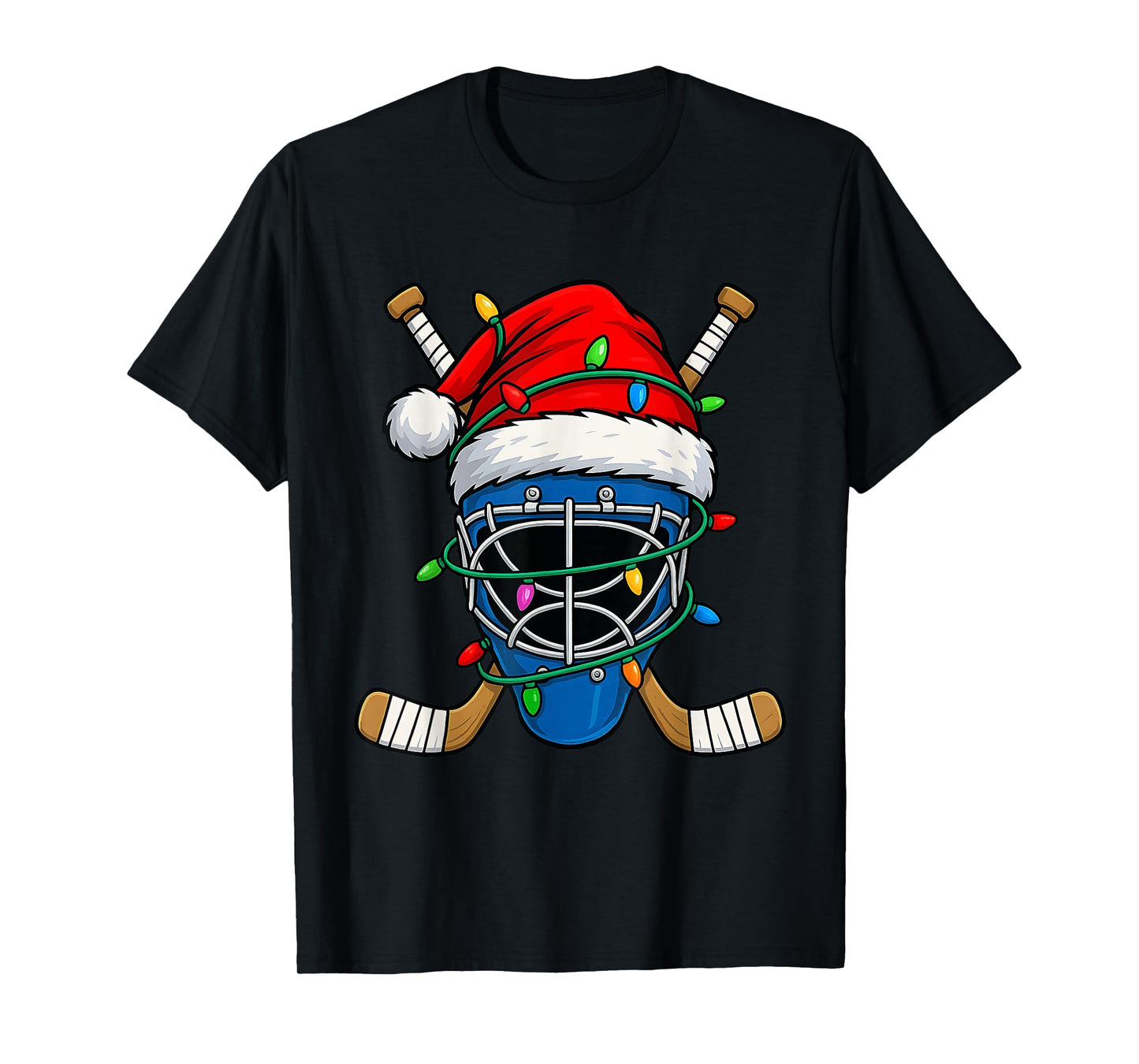 Christmas Hockey Santa Hat Lights Colorful Funny Player T-Shirt